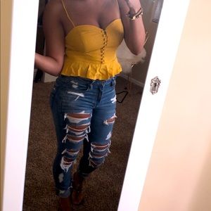 Yellow crop tank top with button detail